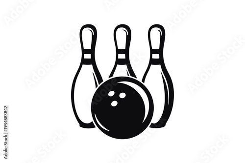 Monochrome bowling setup showcases the ball and pins in simple outlined, presentation