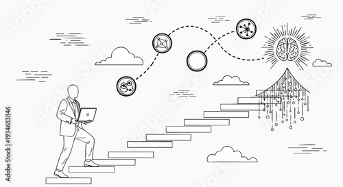 Businessman climbing stairs with laptop towards a brain-shaped sun, representing innovation and success