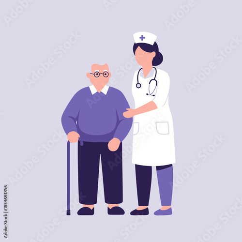 Compassionate Nurse Assists Elderly Gentleman with Mobility Challenges in Medical Setting