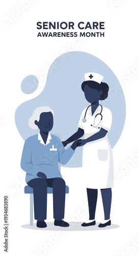 Compassionate Nurse Assists Senior Patient During Senior Care Awareness Month Illustrated Concept
