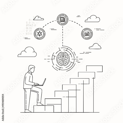 Man on stairs with laptop, symbolizing AI, data, and technological progress, abstract line art
