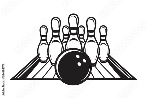 Monochrome drawing shows a ball positioned before the bowling pins on a white backdrop