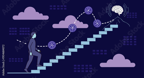Man climbing stairs towards brain on mountain peak, symbolizing growth, learning, and achievement