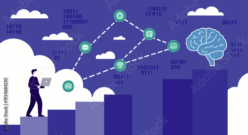 Man with laptop climbing stairs towards AI brain connected by network, representing technology and innovation