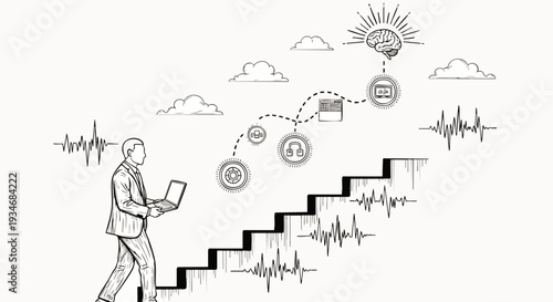 Businessman climbing stairs with laptop, symbolizing career growth, innovation, and technological advancement