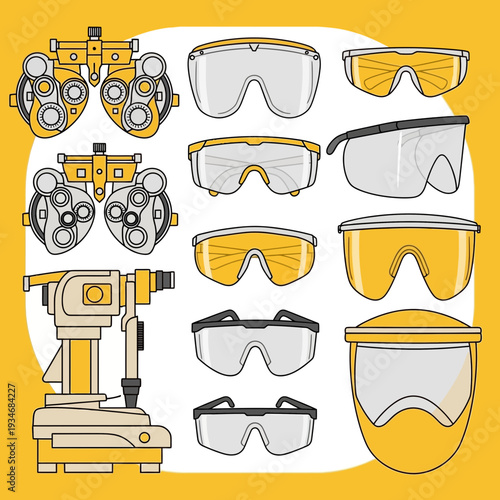 Comprehensive Collection of Ophthalmic Tools and Safety Eyewear on Bright Yellow Backdrop Design