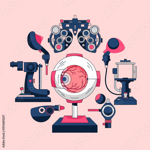 Comprehensive Eye Care and Vision Examination Tools in a Modern Medical Illustration