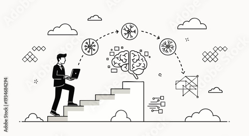 Businessman climbing stairs with laptop towards AI brain and cloud data, symbolizing innovation and future technology.