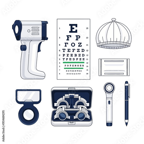 Comprehensive Eye Care Tools: A Visual Guide Featuring Optometry Instruments and Essential Items