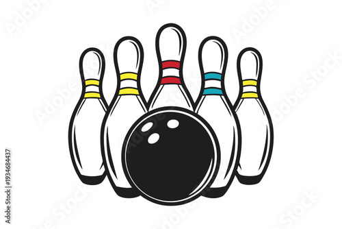 Bowling ball and pins stand on a lane surrounded by stars in grayscale