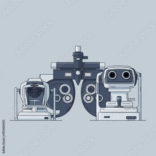 Conceptual Illustration of Optometry Equipment, Detailing Eye Examination Apparatuses Meticulously