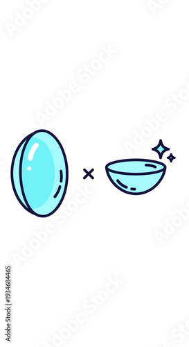 Conceptual Illustration of Two Blue Contact Lenses, One Closed, One Open, With Glints