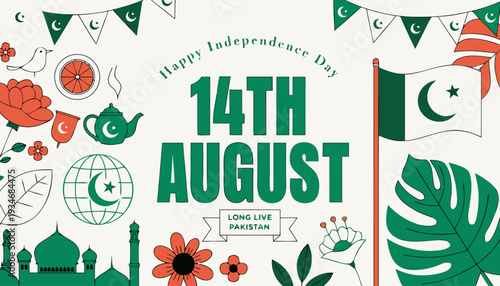 Vibrant Pakistan Independence Day celebration with flags and floral motifs