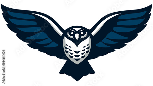 Stylized flying owl mascot logo illustration with outstretched wings. Vector graphic design for education, sports, wisdom, and strength concepts.