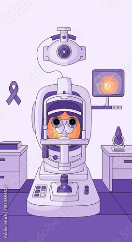 Comprehensive Eye Examination Depicted With Precision and Illustrated Medical Insight, Purple