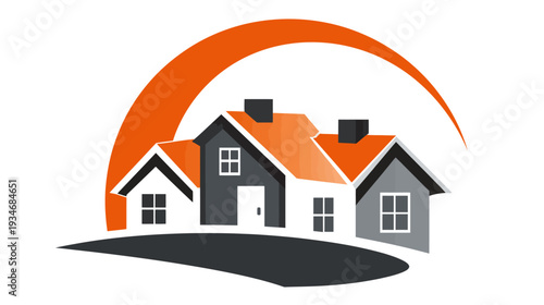 Modern stylized houses graphic with orange roofs and arc, symbolizing real estate, home ownership, and property development