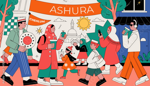 Diverse people walking together on Ashura day with mosque in background