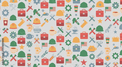 Colorful construction tools and equipment pattern on white background for design