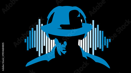 Blue silhouette of person in fedora and headphones with sound waves, digital music concept illustration on black background.