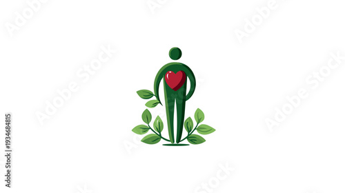 Eco-friendly human figure icon with a red heart and green leaves, symbolizing health, wellness, nature, organic life, and care.
