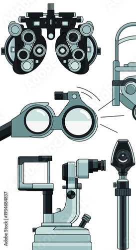 Comprehensive Eye Examination Tools: Detailed Illustrations of Optometry Instruments for