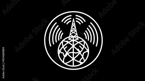 Worldwide Communication Network Symbol with Broadcasting Tower, Radio Waves, and Globe on Black Background