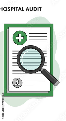 Comprehensive Healthcare Assessment and Hospital Audit with Magnifying Glass Illustration for Review