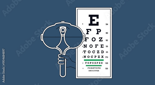 Conceptual Illustration Depicting Eye Examination with Chart and Ophthalmic Loupe Instrument