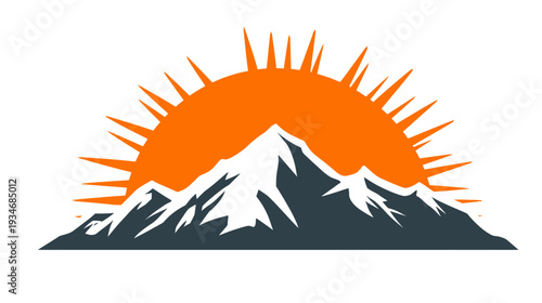 Stylized mountain range with a vibrant orange sun rising or setting behind snowy peaks, adventure graphic.