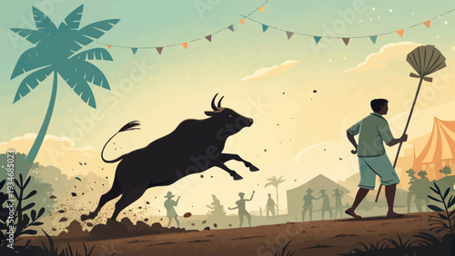 Man running from charging bull in rural festival setting with palm trees