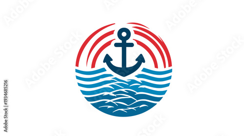 Graphic emblem featuring a dark blue anchor, red radiating lines, and blue water waves. Nautical themed design element.
