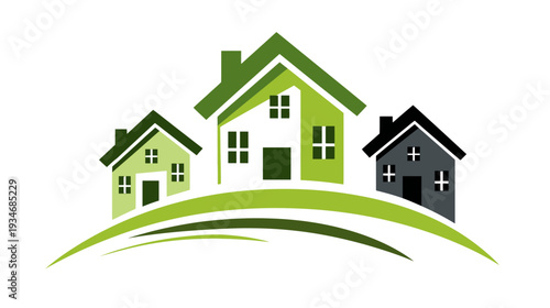 Eco-friendly homes graphic with green houses on a curved landscape, representing sustainable living, real estate, and community development.