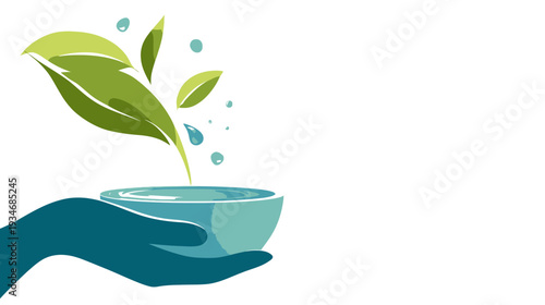 Hand holding bowl with growing green plant and splashing water droplets, symbolizing nature, life, environmental care, and sustainability.