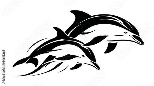 Artistic stylized black and white dolphins jumping, elegant marine animals, abstract ocean wildlife illustration, tribal tattoo design