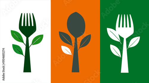 Green healthy food and vegan diet concept. Forks and spoon grow like plants with leaves, symbolizing natural, organic eating.
