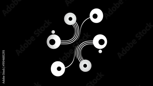 Modern abstract design with interconnected white circles and flowing lines on a black background, representing technology, data, or networks.