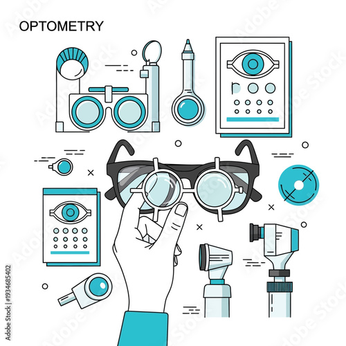 Comprehensive Optometry Illustration: Medical Examination Tools for Vision Assessment and Eye Care