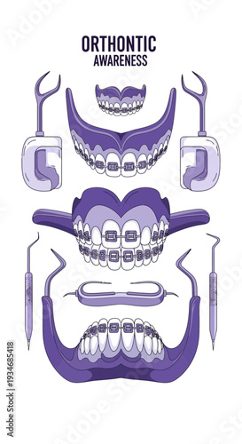 Comprehensive Orthodontic Awareness Illustration Showcasing Dental Tools and Braces for
