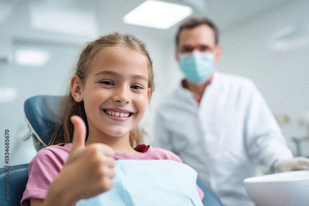 Fototapeta premium Brave Smiling Child Dentist Chair After Checkup Oral Health
