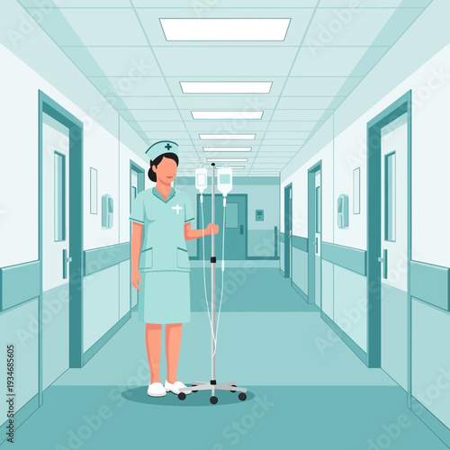 Dedicated Healthcare Professional Navigating a Hospital Corridor with Intravenous Drip Equipment