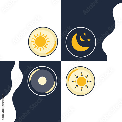 Conceptual Artistic Representation of Day and Night Cycle Symbols Against Contrasting Backgrounds