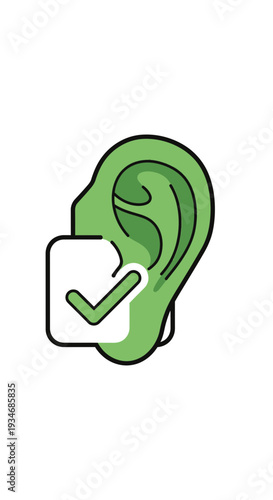 Conceptual Green Ear Icon Featuring a Checkmark Symbolizing Auditory Success