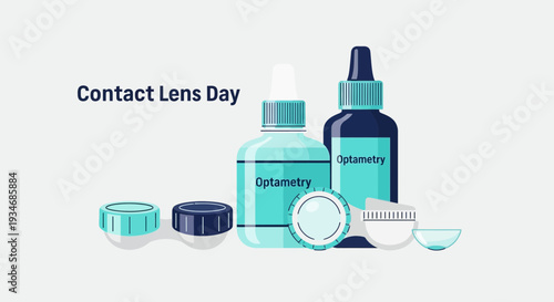 Contact Lens Day Illustration with Optometry Supplies and Eye Care Products