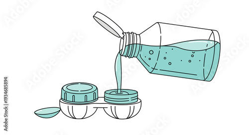 Contact Lens Cleaning Process: Fresh Solution Poured into Container for Lenses