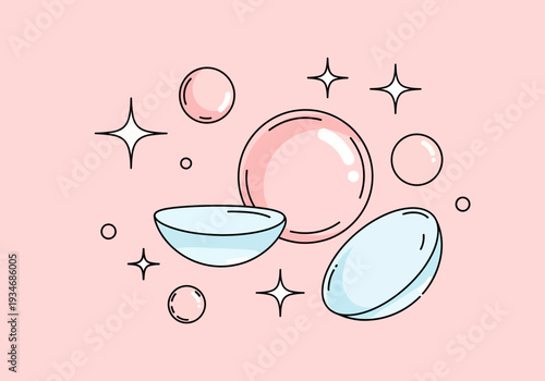 Contact Lens Illustration With Clean Bubbles And Star Elements On Pastel Pink Background