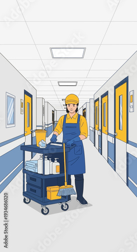Dedicated Janitorial Professional Cleaning Hospital Corridor with Cart, Maintaining Cleanliness