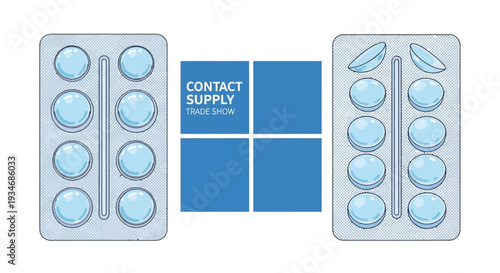 Contact Lens Packets and Trade Show Sign Illustration, Perfect for Eye Care Businesses