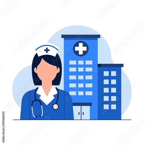 Dedicated Medical Professional Standing Before a Modern Hospital Building, Healthcare and Healing