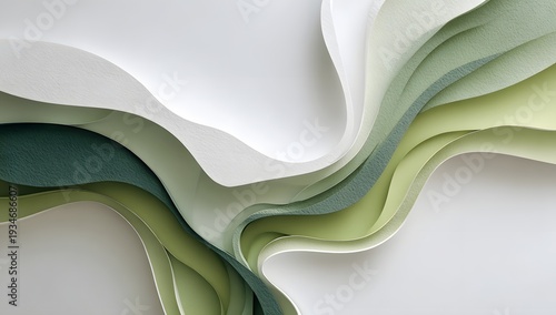 Green and white paper cut art featuring layered waves of organic shapes creating an abstract and serene texture