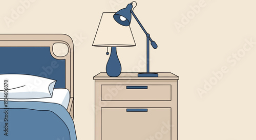 Cozy Bedroom Scene With Nightstand, Bed, Lamp, And Decorative Elements In The Room